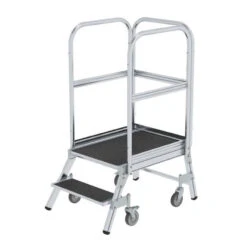 Aluminium-Podestleiter, Einseitig Begehbar, Mit Federrollen, Korundbeschichtung R 13, 2 Stufen