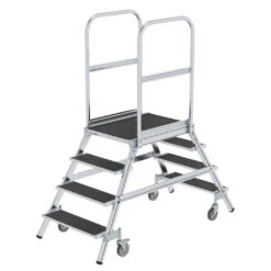 Aluminium-Podestleiter, Beidseitig Begehbar Mit Federrollen Und Korundbeschichtung R 13, 2x4 Stufen