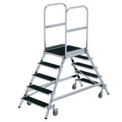 Aluminium-Podestleiter, Beidseitig Begehbar Mit Federrollen Und Korundbeschichtung R 13, 2x4 Stufen -Leiterwerkzeug Geschäft aluminium podestleiter beidseitig begehbar mit federrollen und korundbeschichtung r 13 5 stufen4d6c8
