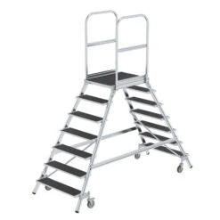 Aluminium-Podestleiter, Beidseitig Begehbar Mit Federrollen Und Korundbeschichtung R 13, 2x4 Stufen -Leiterwerkzeug Geschäft aluminium podestleiter beidseitig begehbar mit federrollen und korundbeschichtung r 13 7 stufen4188c