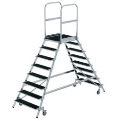 Aluminium-Podestleiter, Beidseitig Begehbar Mit Federrollen Und Korundbeschichtung R 13, 2x4 Stufen -Leiterwerkzeug Geschäft aluminium podestleiter beidseitig begehbar mit federrollen und korundbeschichtung r 13 8 stufene346e