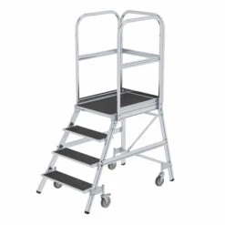 Aluminium-Podestleiter, Einseitig Begehbar, Mit Federrollen, Korundbeschichtung R 13, 2 Stufen -Leiterwerkzeug Geschäft aluminium podestleiter einseitig begehbar mit federrollen korundbeschichtung r 13 4 stufend9f6b