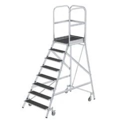 Aluminium-Podestleiter, Einseitig Begehbar, Mit Federrollen, Korundbeschichtung R 13, 2 Stufen -Leiterwerkzeug Geschäft aluminium podestleiter einseitig begehbar mit federrollen korundbeschichtung r 13 8 stufend156d