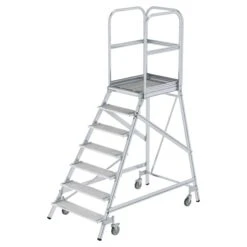 Aluminium-Podestleiter, Einseitig Begehbar, Mit Federrollen, 2 Stufen, Stahl-Gitterrost -Leiterwerkzeug Geschäft guenzburger podestleiter fahrbar stahl gitterrost 051107