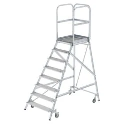 Aluminium-Podestleiter, Einseitig Begehbar, Mit Federrollen, 2 Stufen, Stahl-Gitterrost -Leiterwerkzeug Geschäft guenzburger podestleiter fahrbar stahl gitterrost 051108
